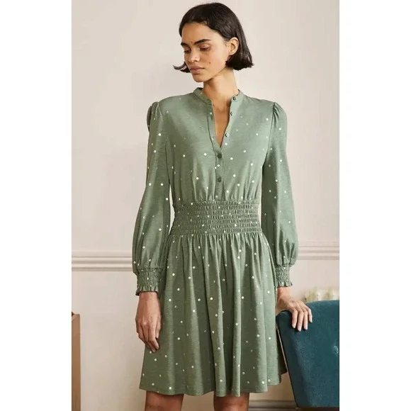 Boden Smocked Button Front Long Sleeve Cotton Blend Dress Green Dots 12R NWT - Picture 3 of 12